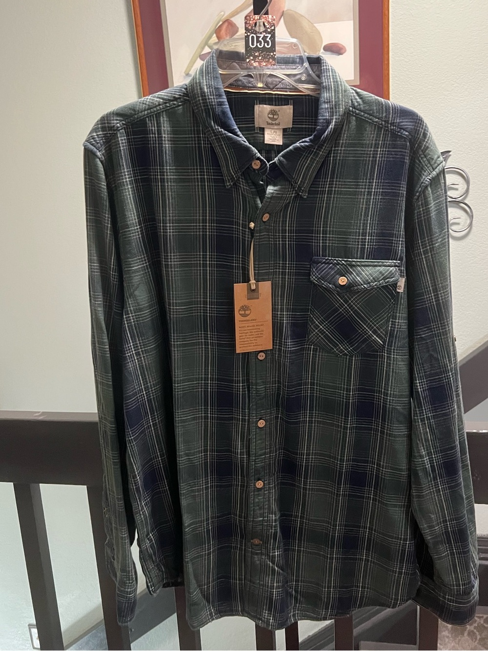 NWT Timberland Men’s Green & Navy Plaid Button-Down Shirt Large #033
